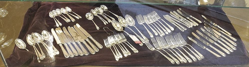 Eight Place Setting Birks "London Engraved" Sterling Silver Flatware, Solid 2094g,/Loaded 1619g.: Eight Place Setting Birks "London Engraved" Sterling Silver Flatware, Solid 2094g,/Loaded 1619g.