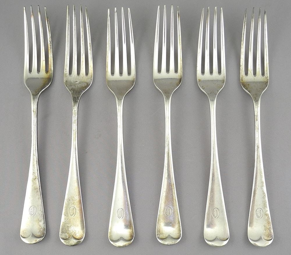 Six Hallmarked Sterling Silver Dinner Forks, 8"L, 444g. (1 of 3)