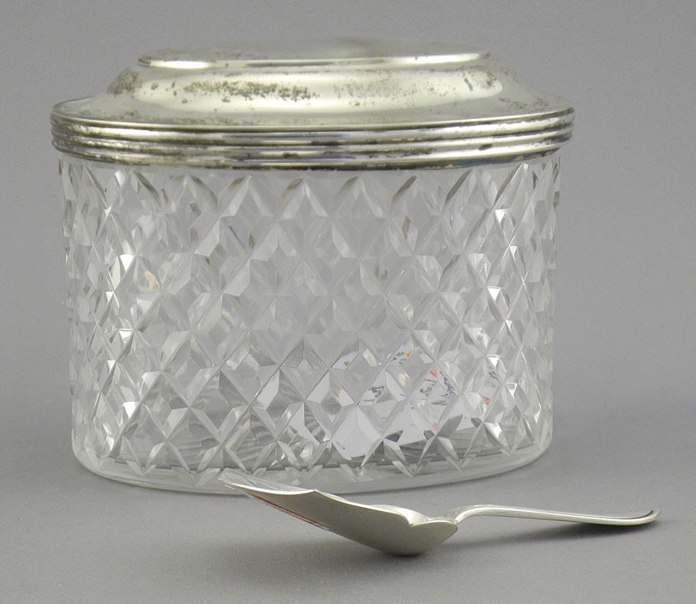 Dutch Silver (marked) & Crystal Tea Caddy with Caddy Spoon, 3 3/8"h. (1 of 5)