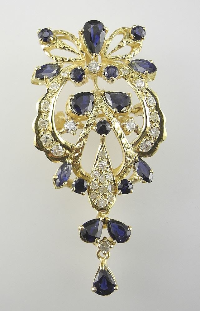 14k Gold (tested) Sapphire & Diamond Pendant/Pin, 12.2g. (1 of 3)