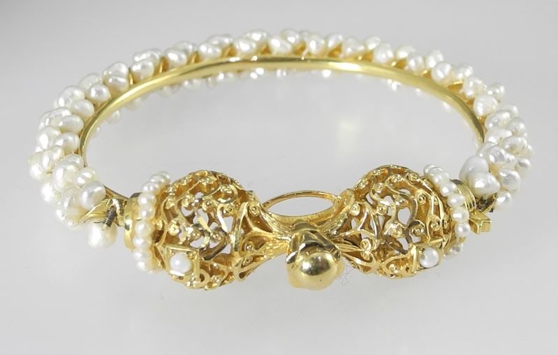 22K Gold & Pearl Hinged Bracelet, 2 5/8"w, 40g. (1 of 4)