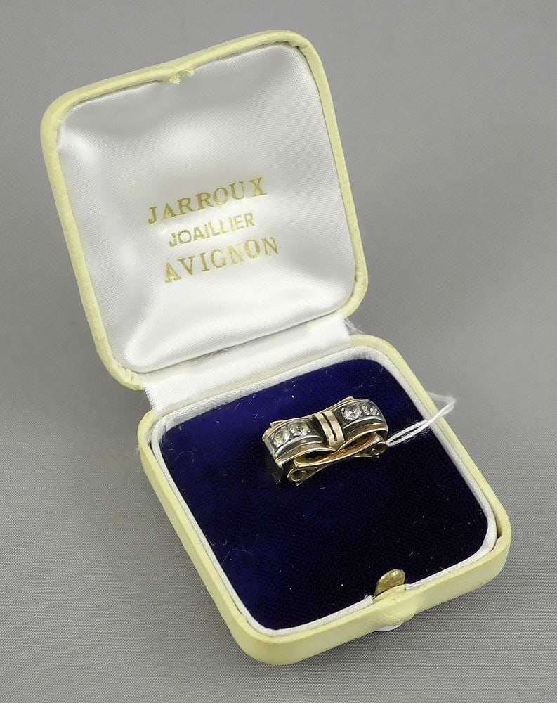 French Art Deco Gold Tone & Rock Crystal Ring with Original Box, Size 5, 4.5g. (1 of 4)