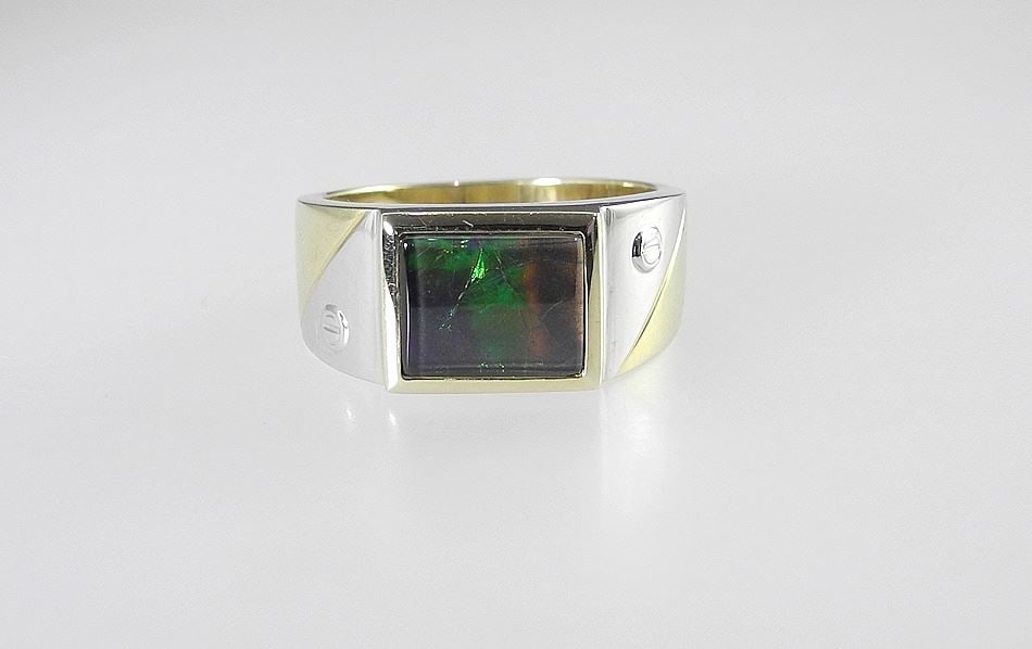 14K (marked) Yellow & White Gold with Ammolite Gent's Ring, Size 9 3/4, 6.5g. (1 of 5)