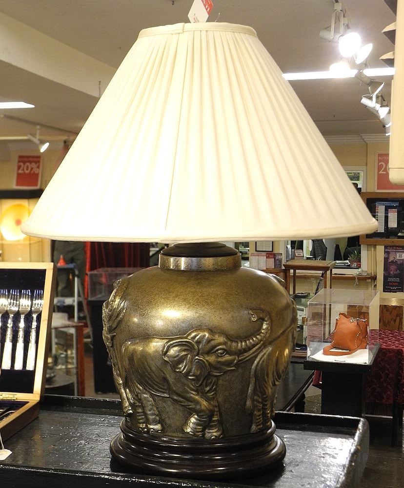 Reliance Gold Finish Table Lamp with Bas Relief of Elephants, White Silk Shade, 25"h. (1 of 2)