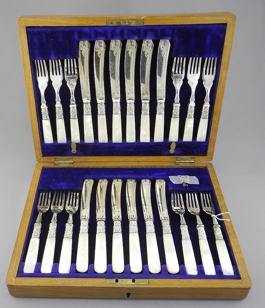 Cased Set of Twelve Mother of Pearl Handle Silver Plated Fruit Service, 12"w. (1 of 6)