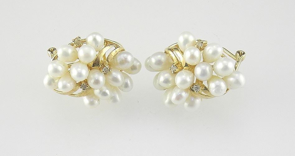 Pair of 14K (marked 14K/585) Gold Pearl & Diamond Omega Back Earrings, 7/8"h, 7.1g. (1 of 2)