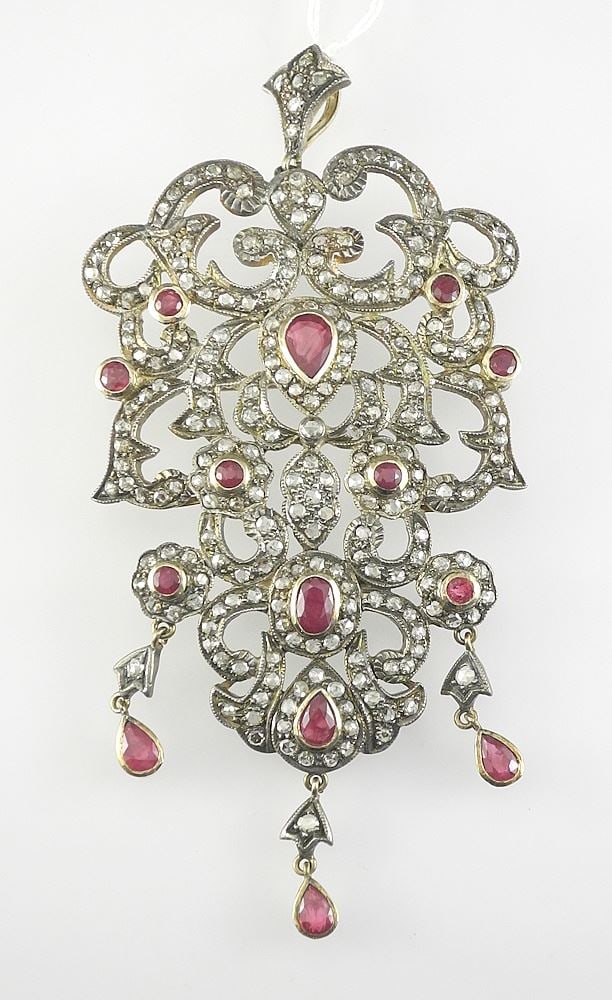 19th C. 18K (tested) Rose Gold Ruby & 225 Diamond Dangle Style Pendant Brooch, 3 3/4"h, 27.5g. (1 of 3)