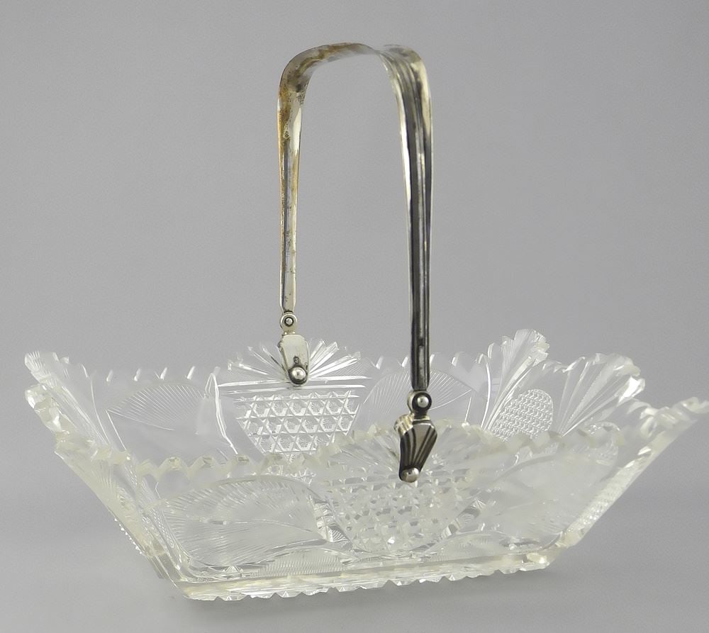Dutch Silver (marked) & Crystal Swing Handle Basket, 10 1/2"w. (1 of 3)