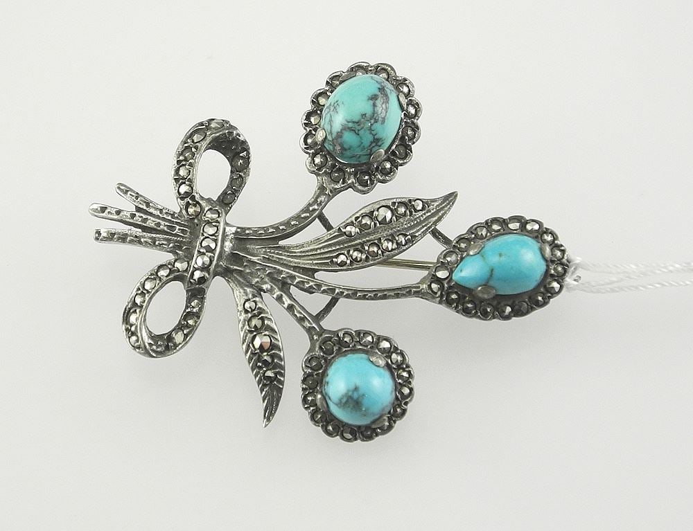 Hallmarked Turquoise Gemstone/ Sterling Brooch, 1 7/8 x 1 3/8", 10.6g. (1 of 2)