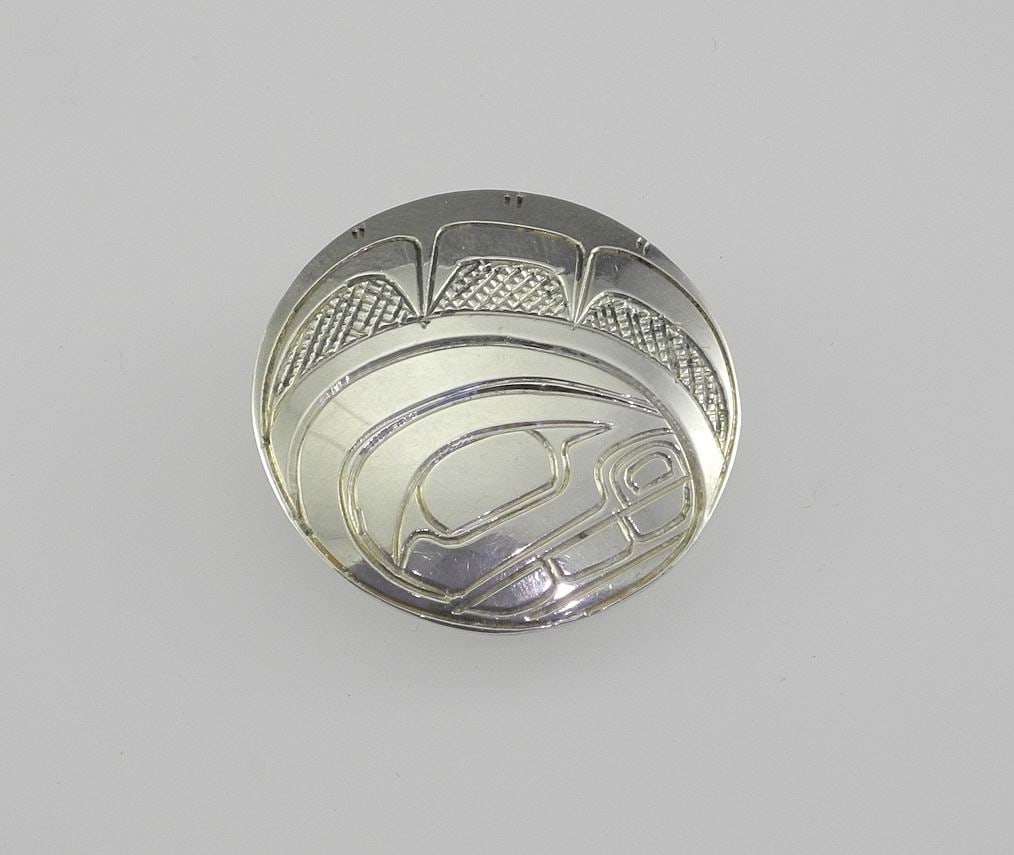 Northwest Coast Silver Brooch Monogrammed TJH, 1 1/8" Diameter, 4.5g w/Hill's Box. (1 of 2)