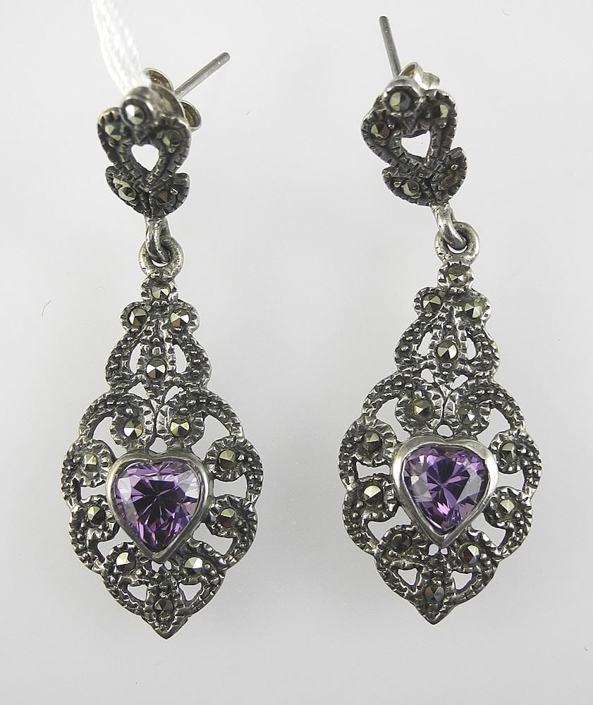 Pair of Sterling Silver (925) Heart Shaped Amethyst & Marcasite Earrings (1 of 2)