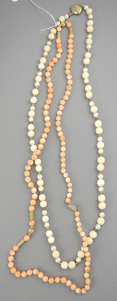 Two Coral Necklaces with 14K Clasp & Pearls/Tested 10K Clasps, 29 & 26"L, NO EXPORT. (1 of 2)
