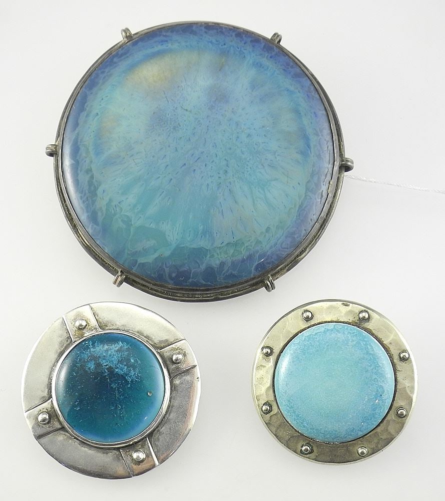 Three Ruskin Pottery Cabochons: One Impressed Ruskin/ One Marked Plantagenet, 1 3/8-2 5/8" (1 of 2)