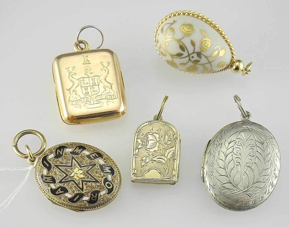 Collection of Gold Tone & Silver Coloured Lockets (4 pcs) & Droplet, 7/8 - 1 3/8"h. (1 of 3)