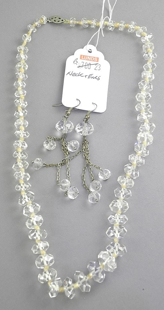 1920's Rock Crystal Gemstone Necklace (17"L) & Earrings, 3".: 1920's Rock Crystal Gemstone Necklace (17"L) & Earrings, 3".