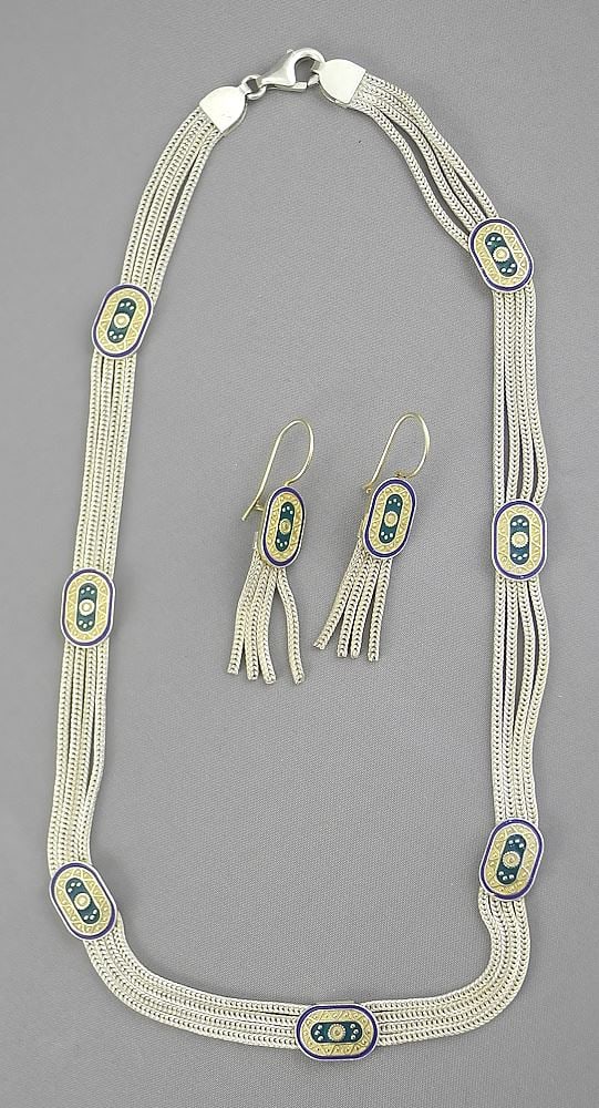Sterling Silver (marked 925) & Enamel 1920's Style Necklace & Earrings, 15 1/2"L, 36g.: Sterling Silver (marked 925) & Enamel 1920's Style Necklace & Earrings, 15 1/2"L, 36g.