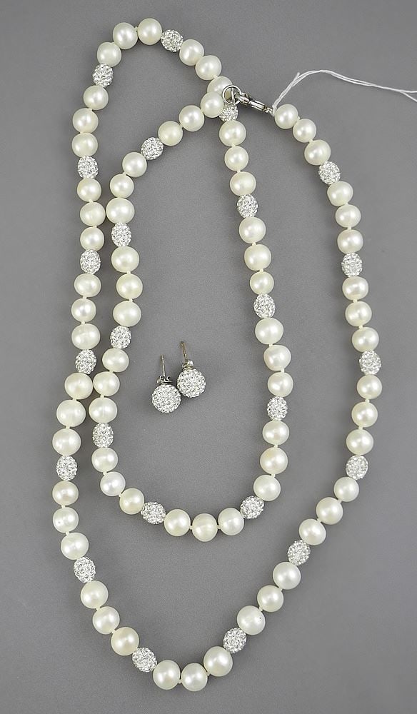 Freshwater Pearl Sterling Silver (925) & Disco Ball Necklace (34"L) & Earrings. (1 of 2)