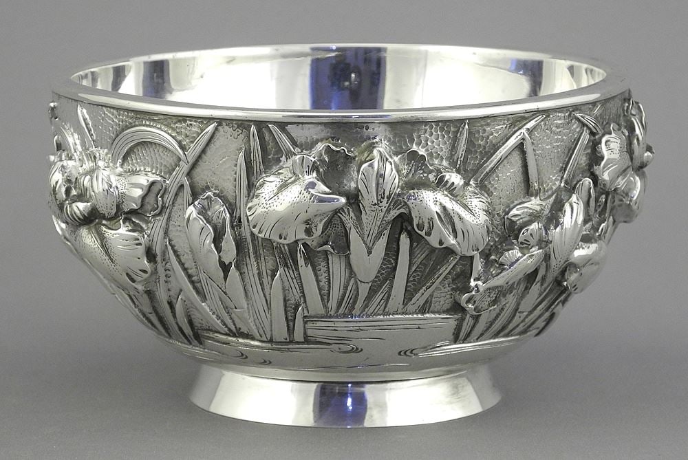 Japanese Export Silver "Irises" Bowl, Base Marked, 2 3/4 x 4 3/4" Diameter, 216.5g. (1 of 7)