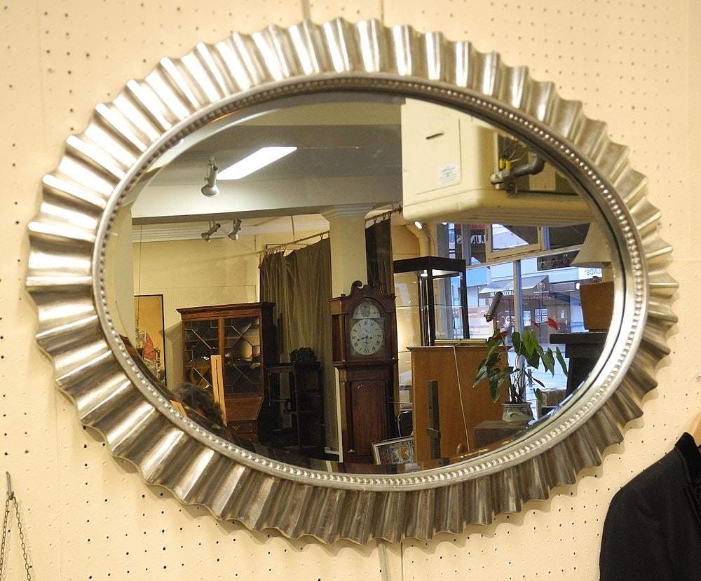 Oval Glass Mirror in Silver Tone Frame, 42"w. (1 of 1)