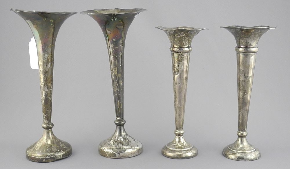 Four Hallmarked Silver Bud Vases, 3 Weighted, 6 3/4 - 7 3/4"h, TW 5.18g. (1 of 3)