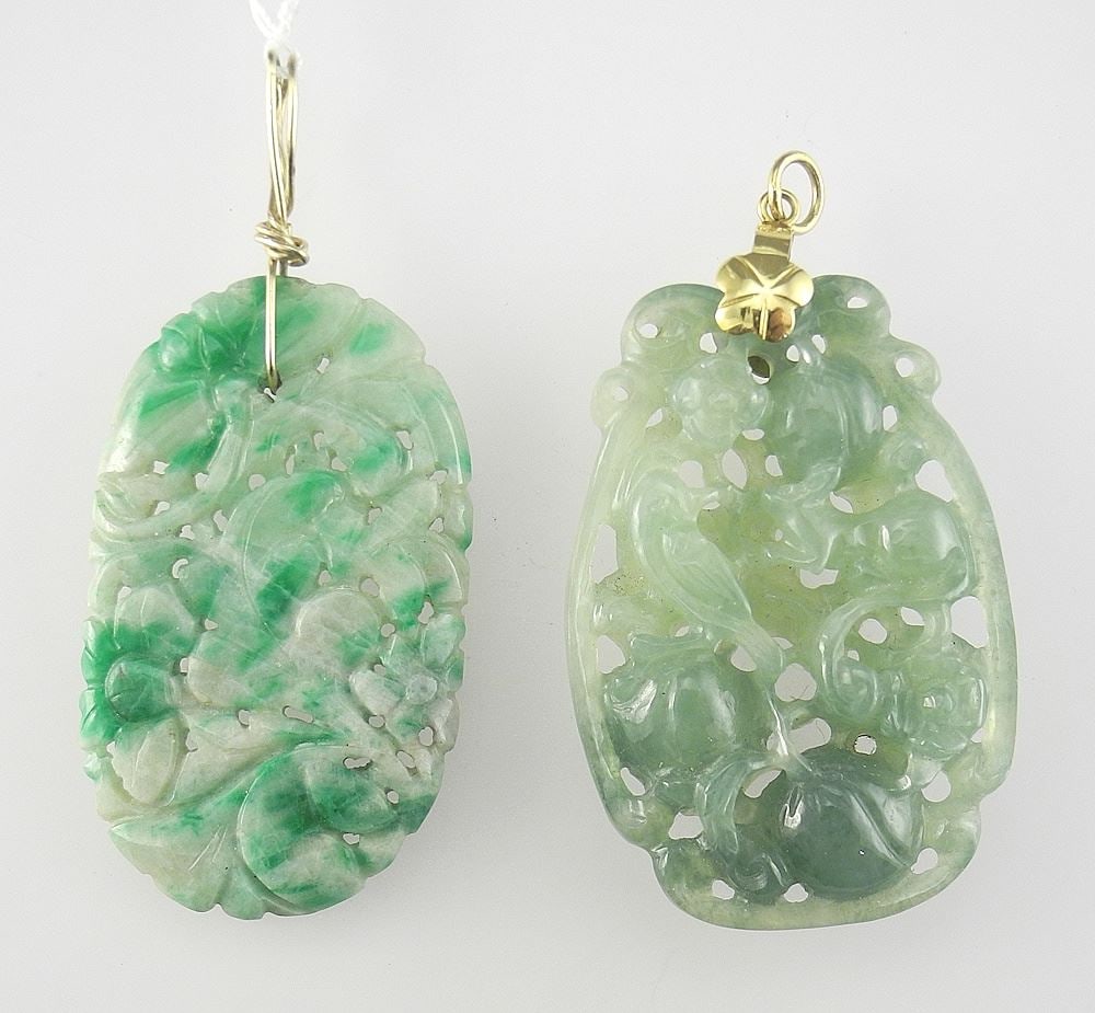 Two Carved Jade Pendants, One with 14K Bail, 2"h. (1 of 2)