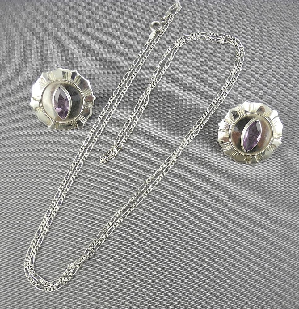 Sterling Silver (marked 925/29"L) Paperclip Necklace & Earrings with Amethyst, TW 18.2g. (1 of 3)