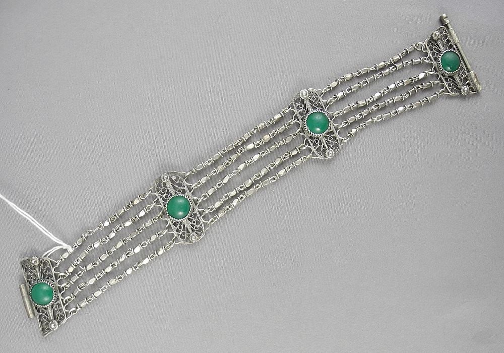 Yemeni Silver Alloy & Green Glass Bracelet, 6 3/4"L, 15.7g. (1 of 3)