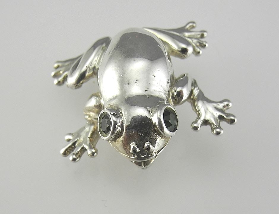 Sterling Silver (tested) Frog Brooch with Green Glass Eyes, 1"L, 10.5g. (1 of 2)