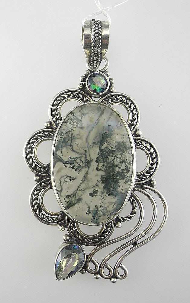 Moss Agate & Sterling Pendant (925), 3"h, 14.4g. (1 of 2)