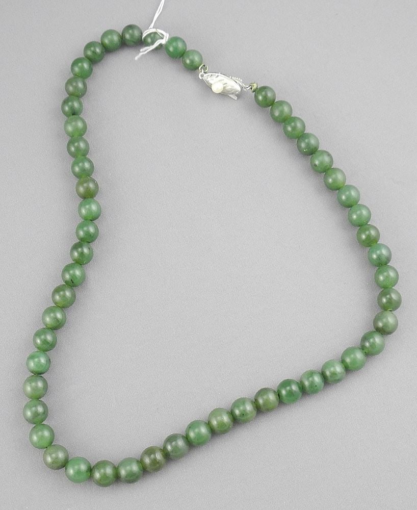 Uniform Jade Bead 8mm Necklace, 16"L , with Marked 'Silver' Clasp. (1 of 2)
