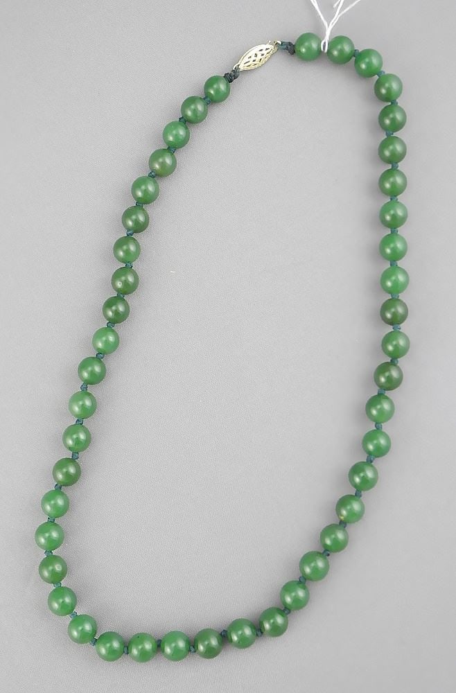 Strand of Uniform 8mm Jade Beads with 14K (marked) Clasp, 16 1/2"L.: Strand of Uniform 8mm Jade Beads with 14K (marked) Clasp, 16 1/2"L.