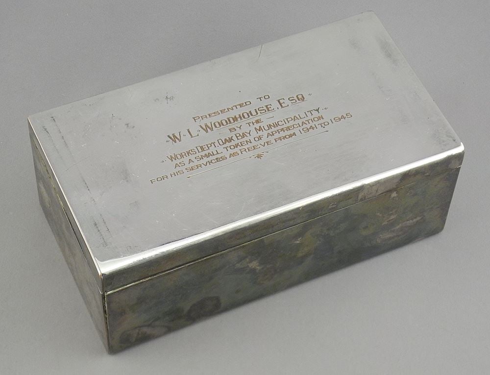 Carmichael Silver Plated Box: W.L. Woodhouse, ESQ, Works Dept Oak Bay Municipality, 6 5/8"w. (1 of 5)