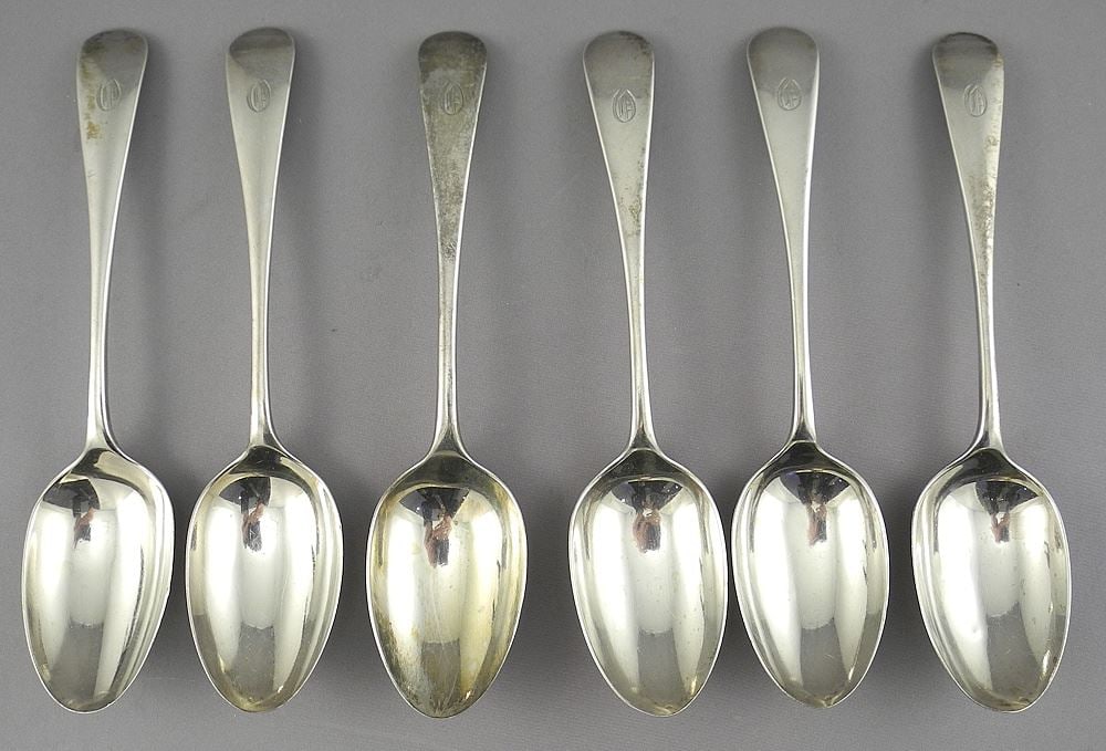 Six Hallmarked Sterling Silver Dessert Spoons, 6 7/8"L, 296g. (1 of 3)