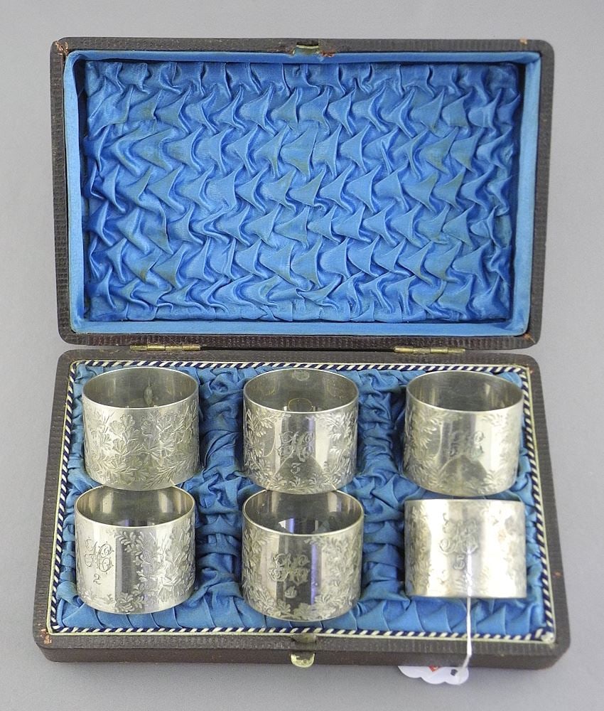Cased Set of Six Silver Plated Napkin Rings Monogrammed, 1 7/16"h.: Cased Set of Six Silver Plated Napkin Rings Monogrammed, 1 7/16"h.