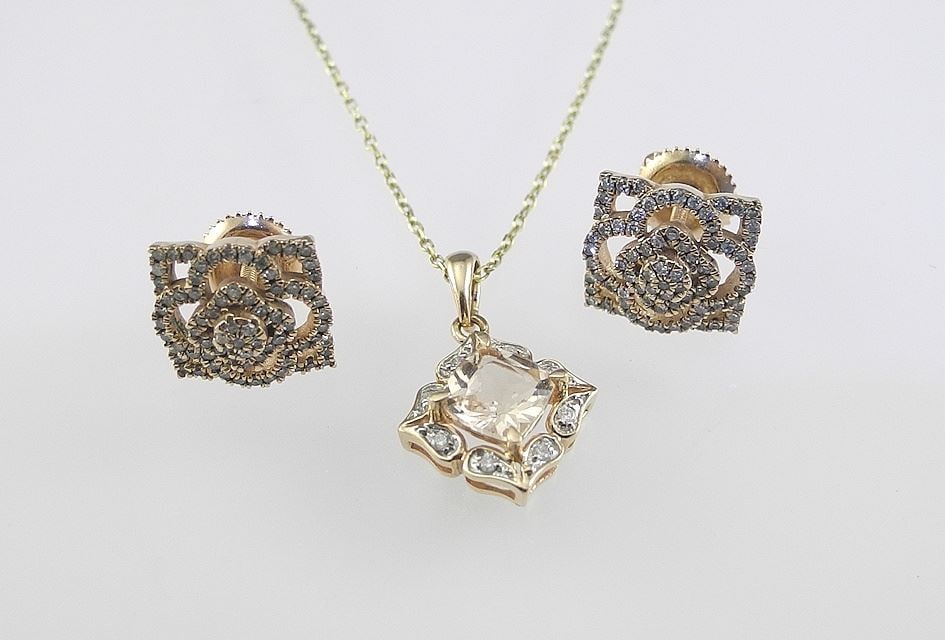 Morganite Pendant (14K/.78g) & Earrings (10K/2.0g) on 10K Chain, 18"L, 0.8g. (1 of 4)