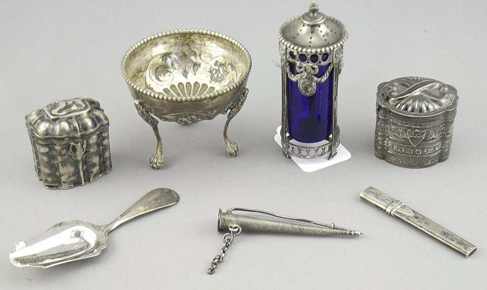 Collection of Dutch Silver (marked) Sundries, Seven Pieces, Shaker 3 1/2 "h, TW 160g. (1 of 5)