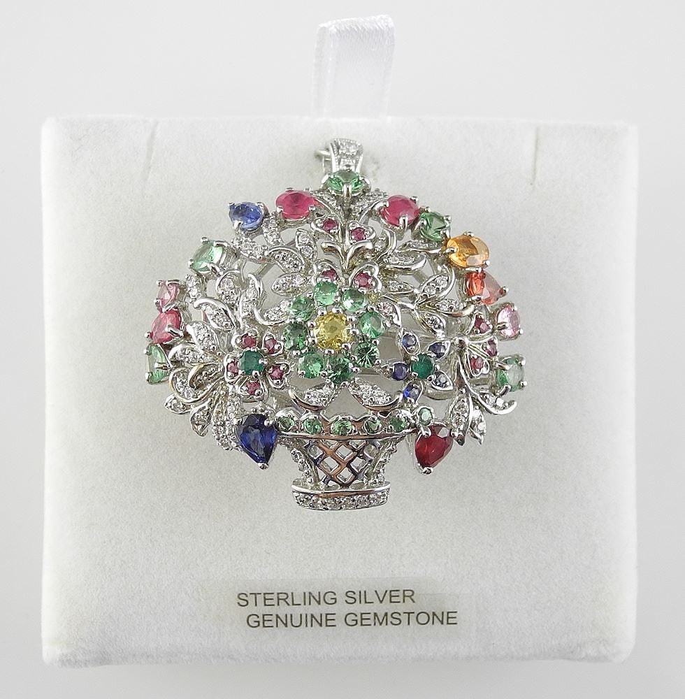 Sterling Silver Floral Basket Pendant Set with Gemstones, 12.2g. (1 of 3)