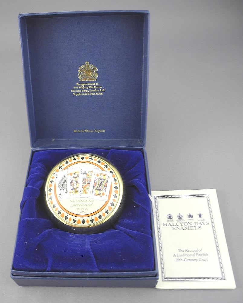 Halcyon Days Enamel Playing Card Paperweight, "All Things Are Sweetened By Risk". (1 of 3)
