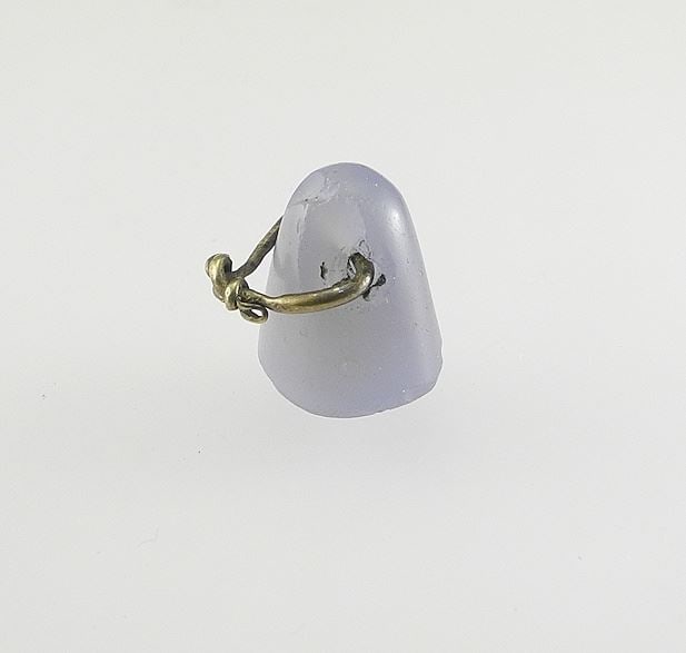 Assyrian Blue Chalcedony Stamp Seal Engraved with Nabu on Wire bail, 1/2" H, 6.1g. (1 of 7)