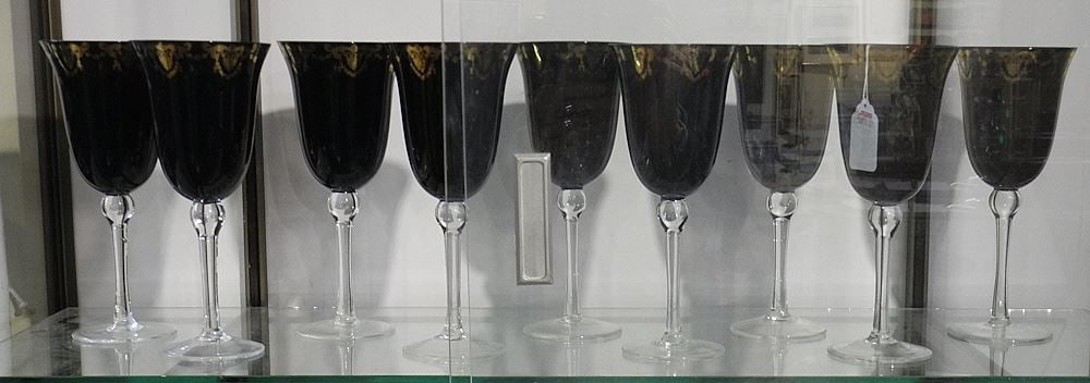 Nine Sandringham Pattern Gold Rimmed Wine Goblets, 8 5/8"h. (1 of 2)