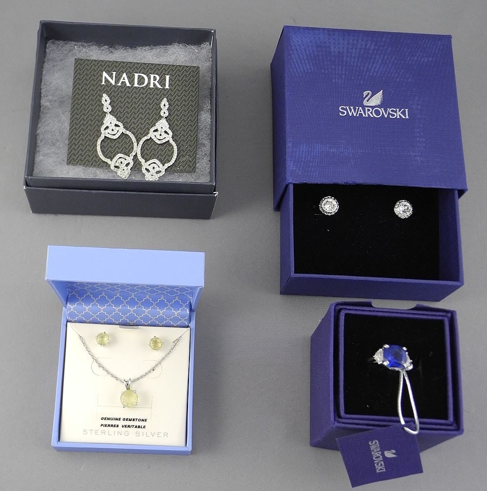 Collection of Swarovski: Ring (size 5, w/scratch), Earrings & Sterling Silver Jewelry. (1 of 3)