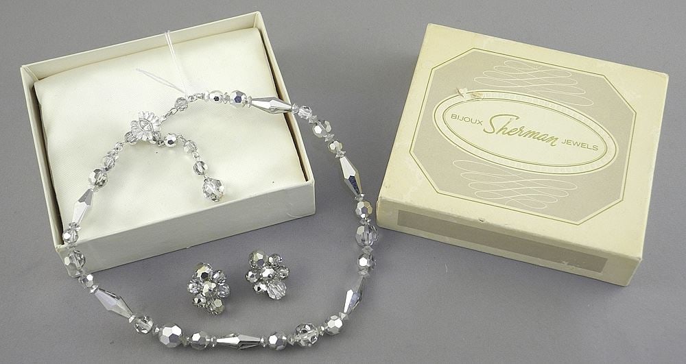 Sherman Foiled Silver Conical Bead Necklace & Earrings in Original Box, 16"L. (1 of 2)