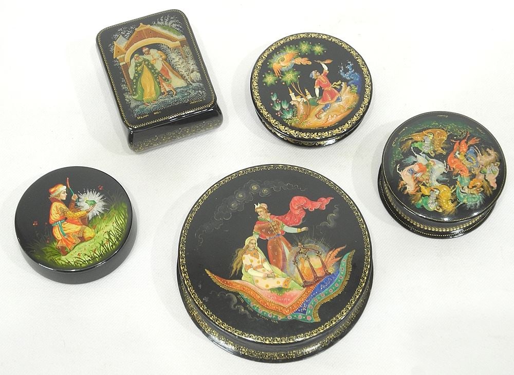 Five 20th C. Russian Lacquer Boxes, 2-4" Diameter. (1 of 2)
