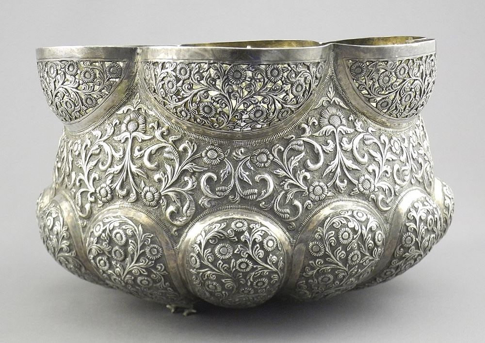 South Asian Silver Alloy Embossed Lobed Bowl, 5 x 8 1/2" Diameter, 595g (base modified). (1 of 3)