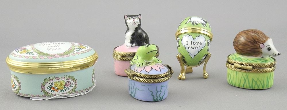 Three Limoges Patch Boxes (20th C) & Two Halcyon Days Boxes, 1 1/4-1 1/2" h. (1 of 3)