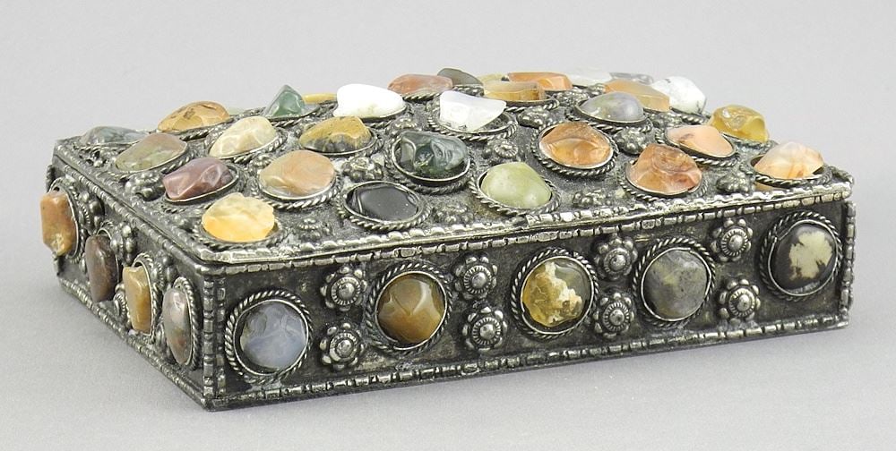 Ethnic Silver Alloy Semi Precious Gem Inset Box, 4"w, 154g. (1 of 4)