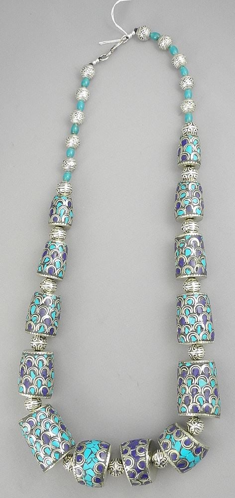 Graduated Bohemian Silver Plate Turquoise & Glass Necklace, 27"h.: Graduated Bohemian Silver Plate Turquoise & Glass Necklace, 27"h.