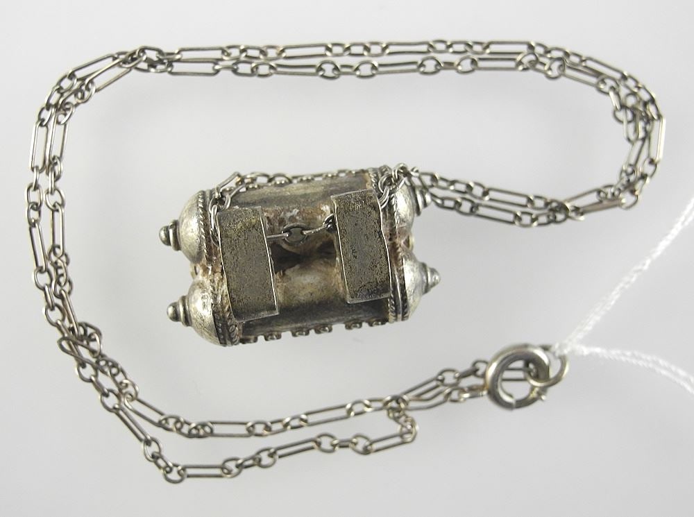 Sri Lankan Silver Alloy Scroll Amulet on Sterling Chain, 16"L, TW 7.2g. (1 of 3)