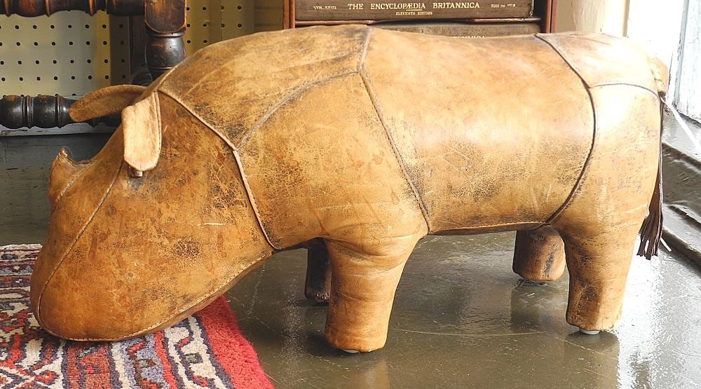 Dimitri Omersa Leather Rhino Footstool, 24" (missing horns). (1 of 3)