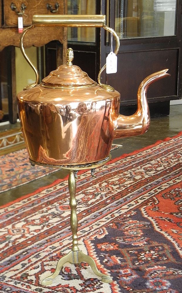 Georgian Copper 14" Kettle on Brass Trivet.: Georgian Copper 14" Kettle on Brass Trivet.